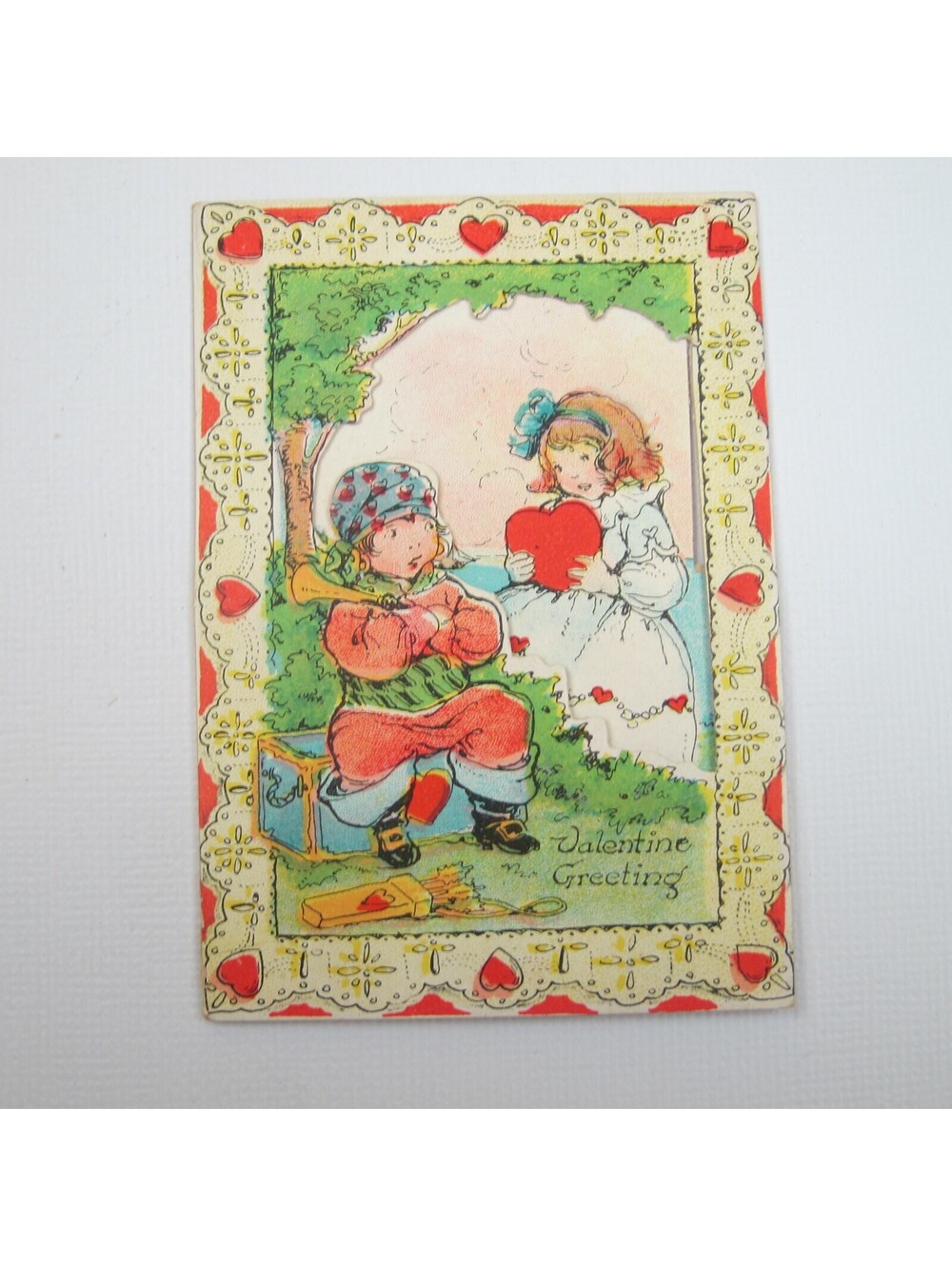 Vintage Valentine Gypsy Boy Sits Trunk Girl Die cut Fold 3D 1920s-30s UNSIGNED